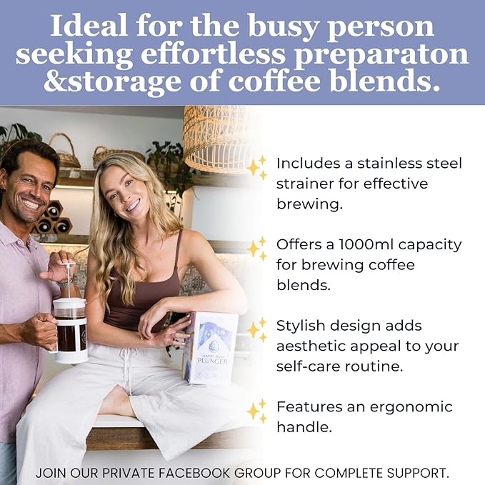 Happy Bum Coffee Plunger | 1 Liter(33.8oz) Glass French Press Stainless Steel Strainer | Easy to Use &amp Clean French Coffee Press Glass for Brewing and Storing Coffee Blend