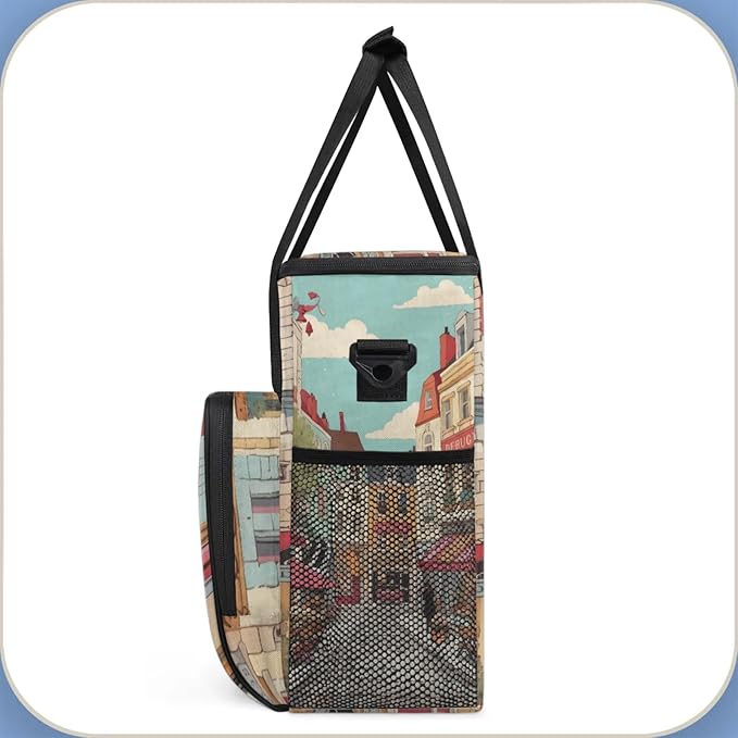 Cartoon Streetscape Coffee Maker Travel Bag for Keurig K-Mini/K-Mini Plus Insulated Waterproof Tote with Pockets for K-Cup Portable Single-Serve Brewer Case