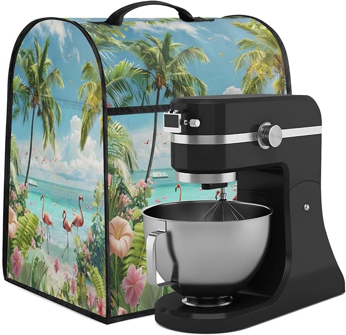 Kitchen Aid Mixer Cover Summer Flamingo Beach Flowers Stand Mixer Cover Compatible with 6-8 Quarts Stand Mixers Dust Covers with Zipper Pocket Foldable Washable Kitchen Aid Organizer Bag