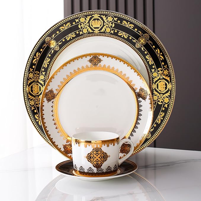 8 Piece Dinnerware Sets for 2 Bone China dishes set with Dinner Plate coffee cups and saucersScratch Resistant Dishwasher Safegold