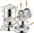 Triple Ply Stainless Steel Pots and Pans Set EWFEN 12 Piece Induction Cookware Set Oven Dishwasher Safe | Frying Pans Saucepans Saute Pan &amp Stock Pot PFOA Free Kitchen Skillet Gold