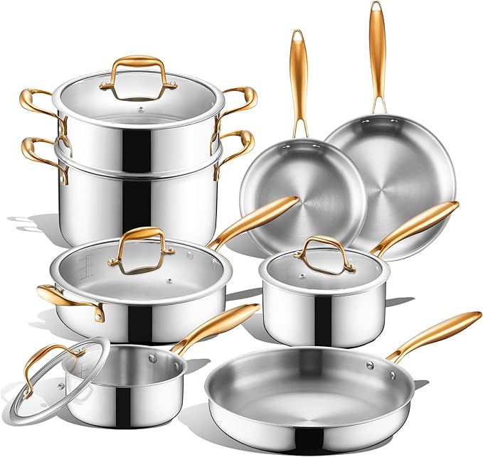 Triple Ply Stainless Steel Pots and Pans Set EWFEN 12 Piece Induction Cookware Set Oven Dishwasher Safe | Frying Pans Saucepans Saute Pan &amp Stock Pot PFOA Free Kitchen Skillet Gold