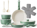 Redchef 16pcs Ceramic Pots and Pans Set Non Stick Nonstick Ceramic Cookware Set with Detachable Handle Non Toxic PFAS PFOA &amp PTFE Free RV Cookware for Camping Dishwasher/Oven Safe (Green)
