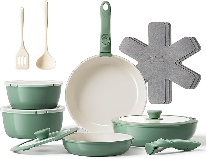 Redchef 16pcs Ceramic Pots and Pans Set Non Stick Nonstick Ceramic Cookware Set with Detachable Handle Non Toxic PFAS PFOA &amp PTFE Free RV Cookware for Camping Dishwasher/Oven Safe (Green)