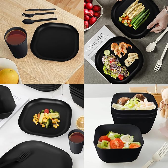 24 Piece Wheat Straw Square Dinnerware Sets for 4 Unbreakable Dinner Plates and Bowls Sets for Camping Party Grill (Black)