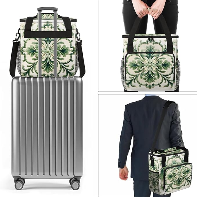 Green Floral Pattern Coffee Maker Travel Bag for Keurig K-Mini/K-Mini Plus Insulated Waterproof Tote with Pockets for K-Cup Portable Single-Serve Brewer Case