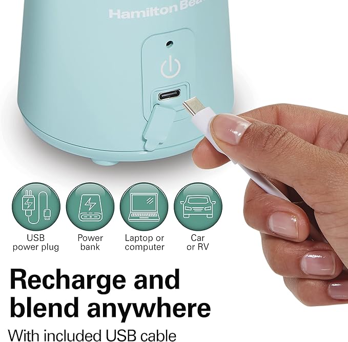 Hamilton Beach Mini Cordless Portable Personal Blender for Shakes and Smoothies USB Rechargeable 16 oz. Jar with Leakproof Travel Lid 6 Stainless Steel Blades Blue (51182)