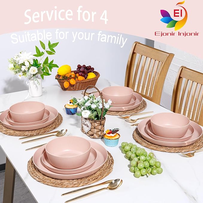 EI 12pcs Pink Wheat Straw PlatesWheat Straw Dinnerware Set for 4Plates and Bowls SetsPlastic Plate ReusableUnbreakable Plastic Plate MelamineCamping Family Dishes Set