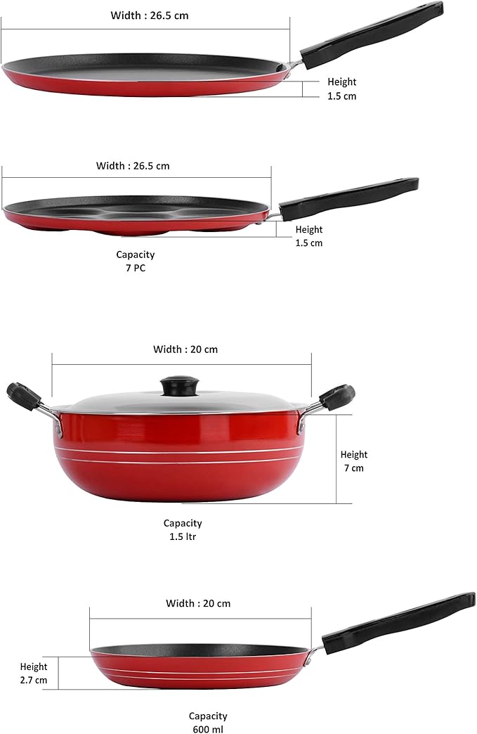Sumeet 2.6mm Thick Non-Stick Rossu Cookware set (Dosa Tawa – 26.5cm Dia + Multi snack maker – 26.5cm Dia + Kadhai With Lid – 1.5Ltr capacity- 20cm Dia + Tapper pan – 20cm Dia)