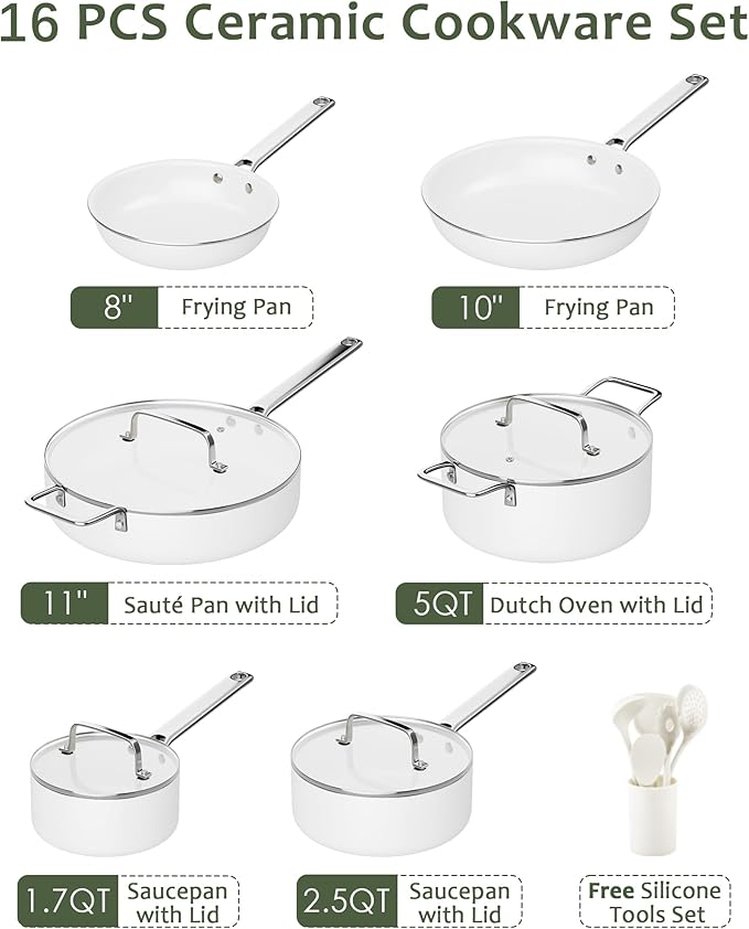 Ceramic Cookware Set - Nonstick Kitchen Pots and Pans Set Induction Cookware Sets with Cooking Utensils Set Non Toxic Cookware Set Non Stick Pan Set for Cooking Pot Oven &amp Dishwasher Safe Gif