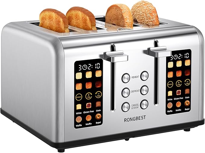 4 Slice Touch Screen Toaster Easy-to-Use Digital Stainless Steel Toaster with Wide Slots Reheat Defrost Cancel Removable Crumb Tray Silver