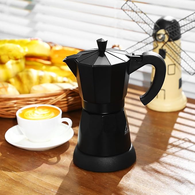Coffee Pot 6 Cup Electric Espresso Coffee Maker Italian Moka Maker 300ml Portable Aluminum Espresso Machine Cafetera Moka Pot with Detachable Base Gift for Home Travel(Black)