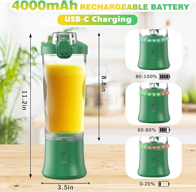 Portable Blender Personal Juicer for Shakes and Smoothies - 20 OZ Electric Protein Shaker Bottle with Insulated Sleeve Travel Lid USB-C Rechargeable - Mini Small Blender Cup for Kitchen Office Gym