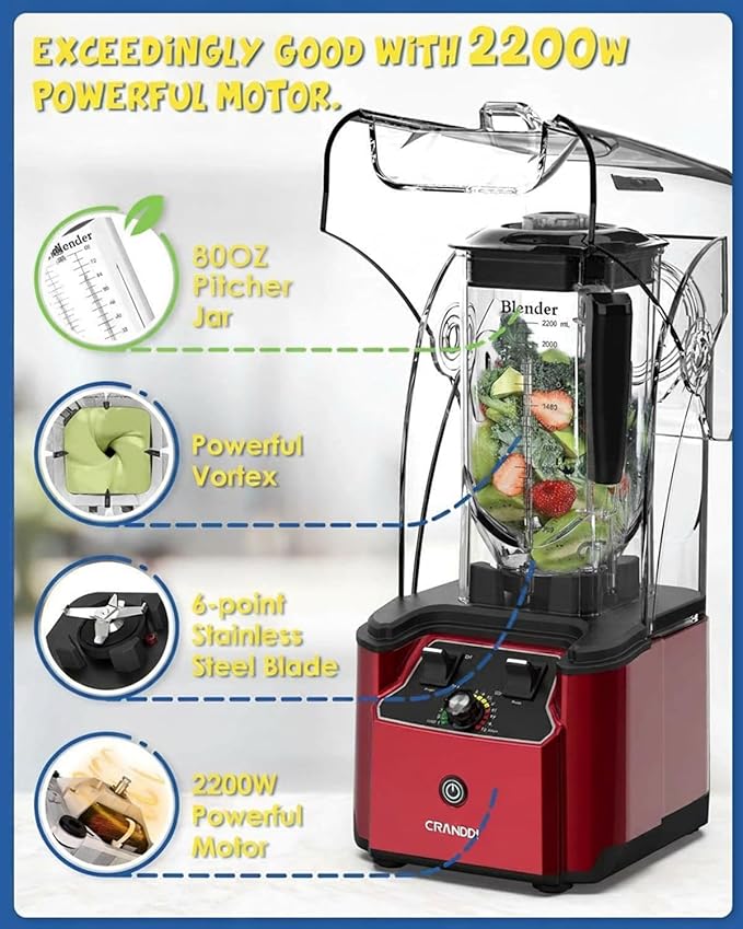 CRANDDI Commercial Quiet Blender 2200 Watt Professional Countertop Blender with 80oz Pitcher Built-in Pulse &amp 15-speeds Control Smoothie Blender for Commercial and Home K90 Red