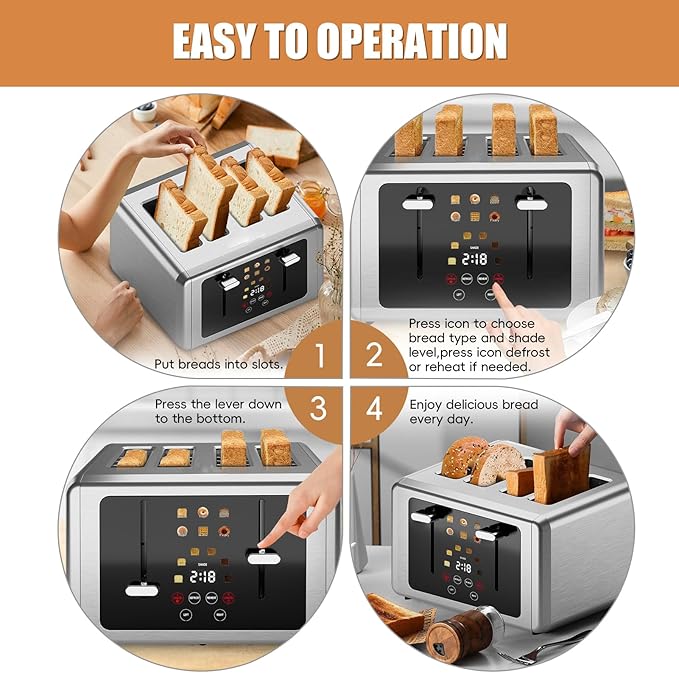 4 Slice ToasterTouchscreen &amp Dual Independent Control Panel5 Basic Functions &amp Digital Countdown Toasters6 Shade Settings＆6 Bread TypesSmart Bread Maker Mute/Screen-Off Silver