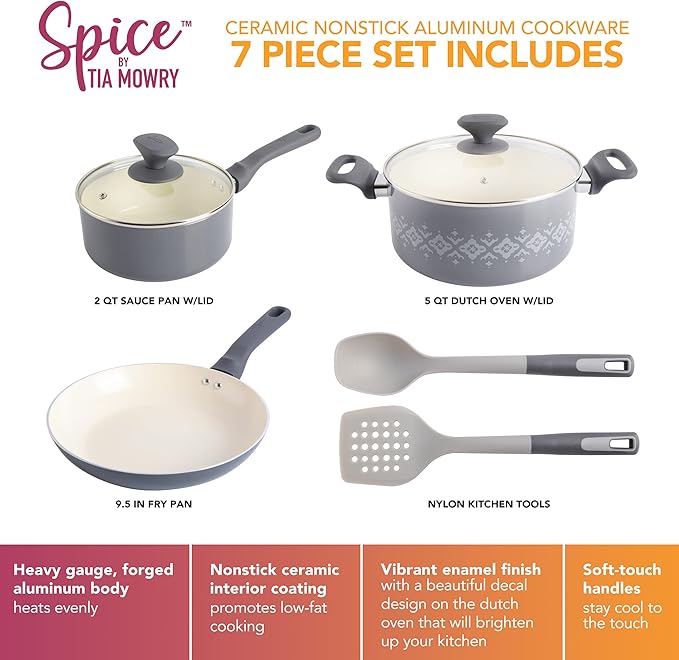 Spice by Tia Mowry Savory Saffron 7-Piece Healthy Nonstick Ceramic Cookware Set - Grey