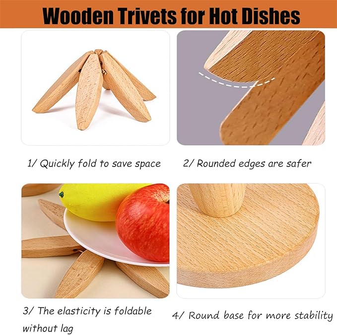 Wooden Trivets for Hot Dishes Tree Shape Trivet Set Foldable Kitchen Wooden Trivets Tree Coaster for Hot Dishes、Pot、Bowl、teapot、hot Pot Holders (3 Piece-Walnut)