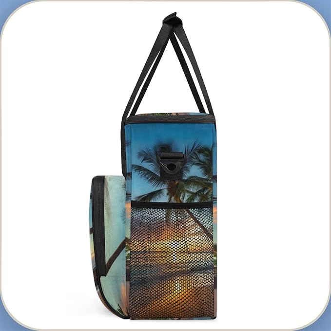 Palm Tree Seaside Scenery Coffee Maker Travel Bag for Keurig K-Mini/K-Mini Plus Insulated Waterproof Tote with Pockets for K-Cup Portable Single-Serve Brewer Case
