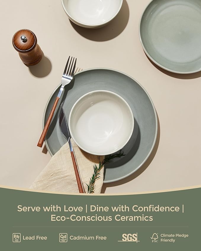 Plates and Bowls Sets for 8 24 Piece Dinnerware Set for Large Families &amp Entertaining Elegant Design Dishwasher &amp Microwave Safe Chip Resistant and Durable Gray Green
