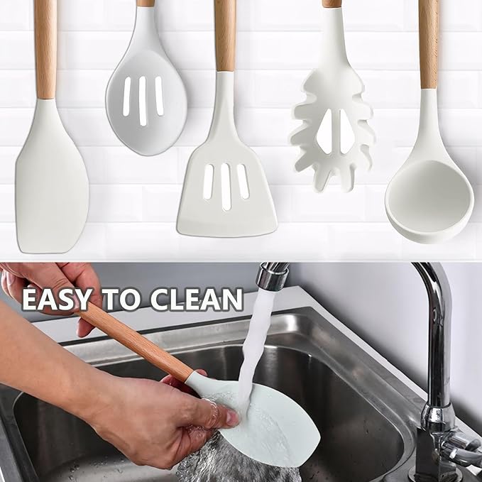 Kitchen Cooking Utensils Set 6Pcs Non-Stick Silicone Kitchen Utensils Spatula Spoon Turner Ladle Pasta Server Heat Resistant Wooden Handle Silicone Cooking Gadgets Sets for Cookware &amp Baking