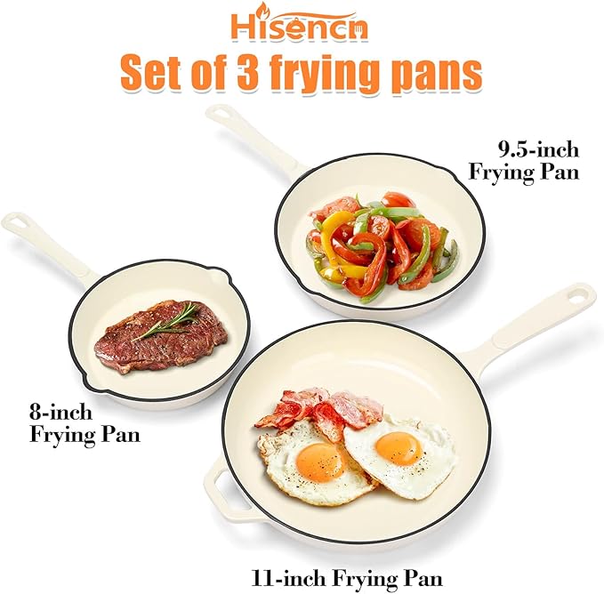 Hisencn Enameled Cast Iron Skillet Set - 3-Piece Fry Pans (89.511) PFAS/PTFE/PFOA-Free Oven &amp Induction Safe Cream White Cookware for Gas Electric Ceramic Stovetops