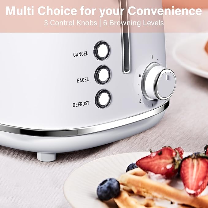 Roter Mond 2 Slice Toaster Retro Stainless Steel with Bagel Cancel and Defrost Functions 6 Bread Shade Settings Extra Wide Slots and Removable Crumb Tray White