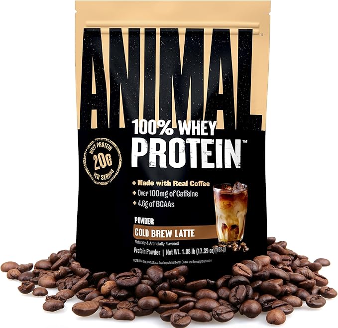 Animal 100% Whey Protein Powder Instant Iced Coffee – Real Coffee for Preworkout Post Workout Whey Blend + 20g of Protein Shake 120mg of Caffeine Meal Replacement with BCAA – Cold Brew Latte 1 lb