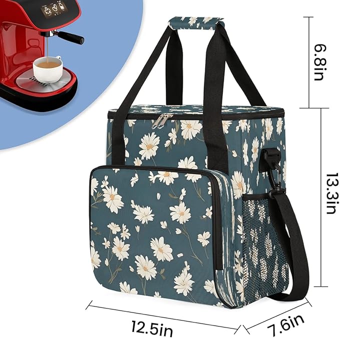 Floral Daisy Printed Coffee Maker Travel Bag for K-Mini or K-Mini Plus Single Serve Coffee Brewer Portable Storage Tote Case for Tarvel