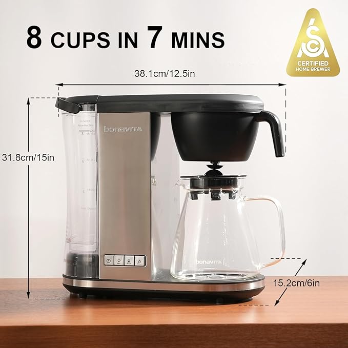 Bonavita Enthusiast 8 Cup Drip Coffee Brewer Pour Over SCA Certified Coffee Machine with Glass Carafe Stainless Steel Panel Removable Reservoir