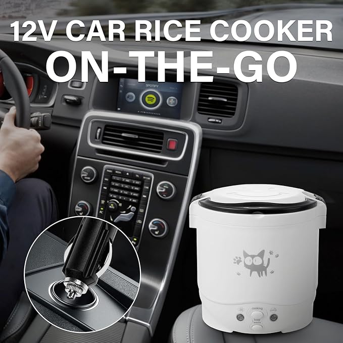 OSBA Mini Rice Cooker 1L Small Rice Cooker 2 Cup-uncooked Travel Rice Maker 12V for Car with Steamer Auto Keep Warm Suitable For 1-2 People White