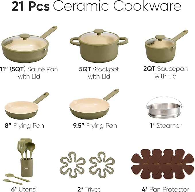 CAROTE 21pcs Cookware Set Nonstick Pots and Pans Set Ceramic Cookware Set Induction Cookware Non toxic Healthy Non Stick Kitchen Cooking Set PFAS PTFE Free