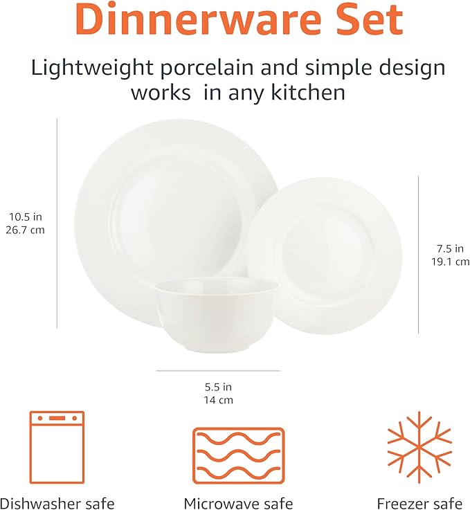 Amazon Basics Porcelain Dinnerware Set Microwave and Dishwasher Safe Service for 6 18-Piece Plates Bowls White