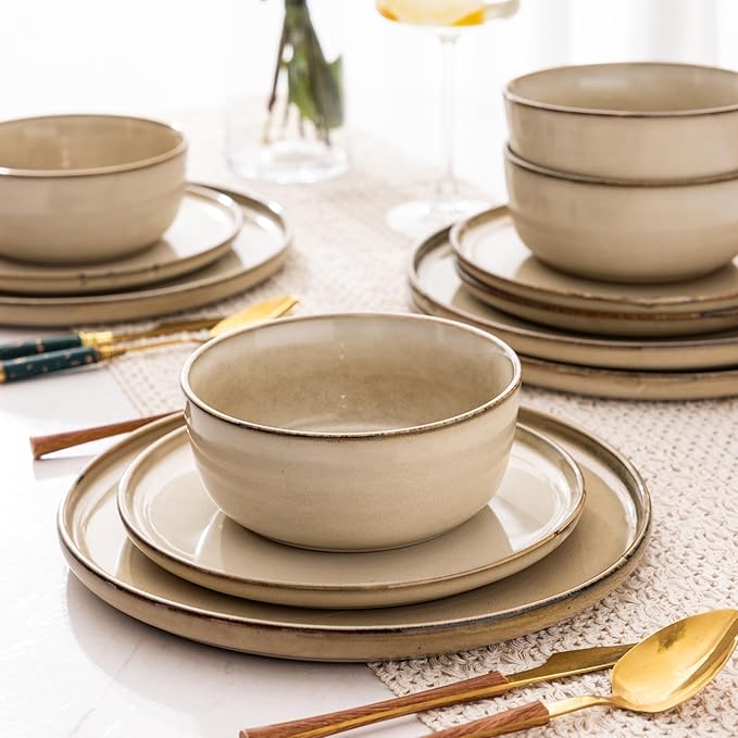 AmorArc Ceramic Dinnerware SetsHandmade Reactive Glaze Plates and Bowls SetsHighly Chip and Crack Resistant | Dishwasher &amp Microwave Safe Dishes Set Service for 4 (16pc)
