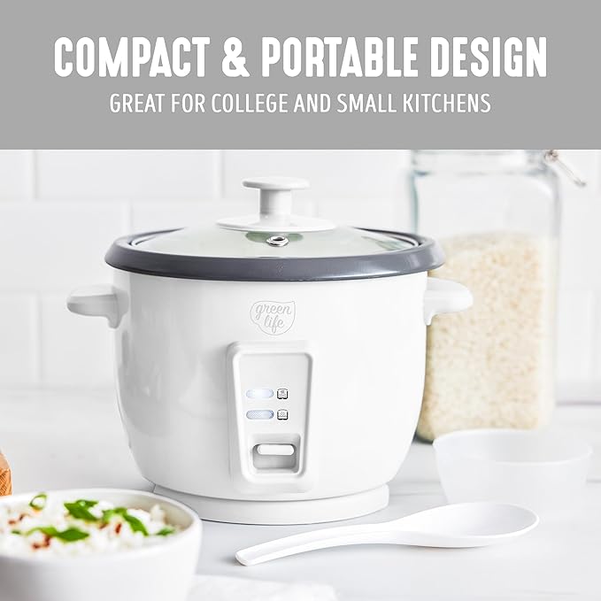 GreenLife Rice Cooker with Removable PFAS-Free Ceramic Nonstick Pot 3-Cups Uncooked/6-Cups Cooked Grains &amp Oatmeal Multicooker Compact One-Switch Design Auto Keep Warm Easy Clean White