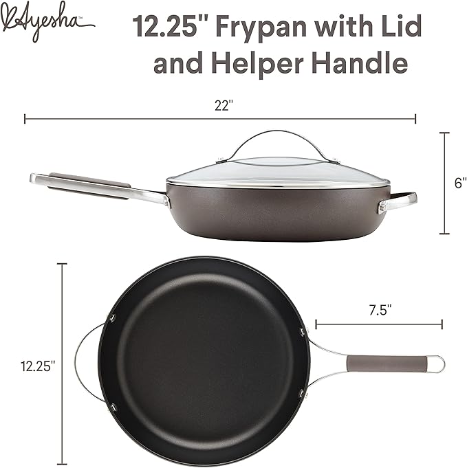 Ayesha Curry Kitchenware 80293 Professional Hard Anodized Nonstick Deep Frying Pan/Skillet with Lid and Helper Handle 12.25 Inch - Charcoal
