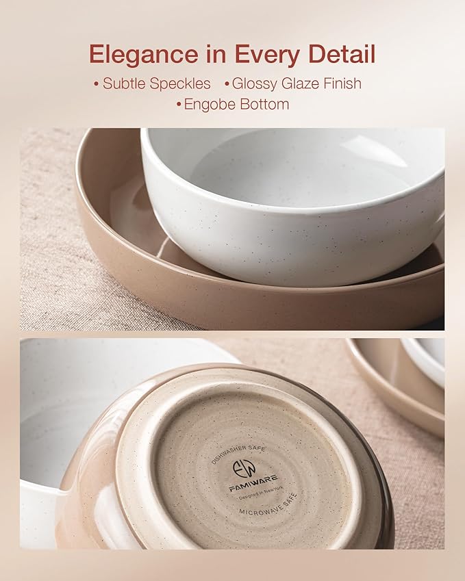 Famiware Milkyway Plates and Bowls Sets 12 Pieces Stoneware Dinnerware Sets Dishes Set for 4 White &amp Cinnamon Brown