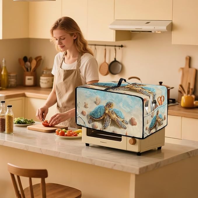 Beach Sea Turtle Printed Toaster Cover Heavy Duty Toaster Oven Dust Cover with Accessory Pockets Washable Kitchen Small Appliance Protector M