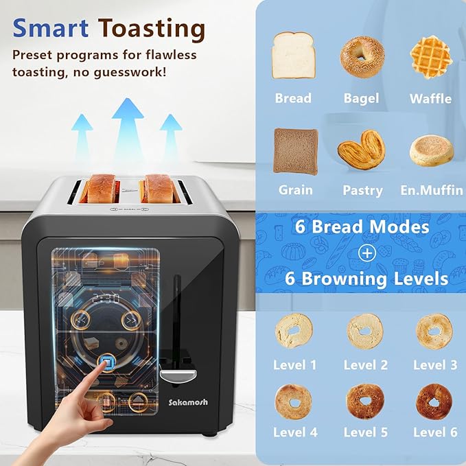 2 Slice Touch Screen Toaster 1.3 Wide Slots Smart Digital Display Toaster with 6 Browning Levels &amp 6 Bread Types Memory Defrost Reheat Stainless Steel 800W