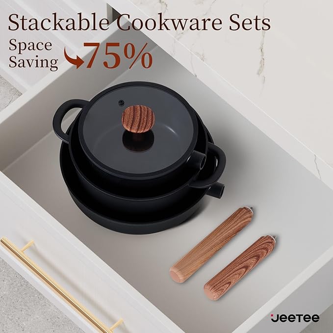 JEETEE Ceramic Cookware Set 15 PCS Pots and Pans Set Non Stick with Removable Handles Non Toxic Induction Kitchen Cookware Sets Dishwasher/Oven Safe PFAS/PFOA Free Black
