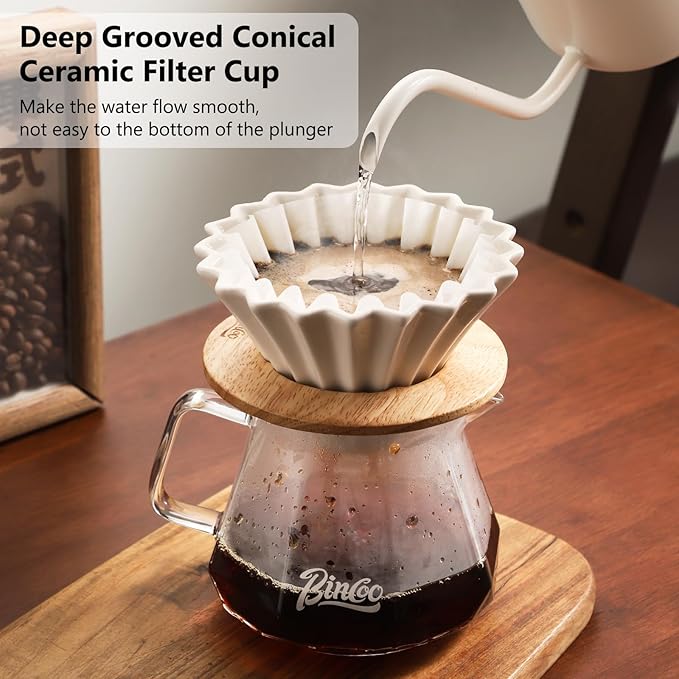 Bincoo 400ML Pour Over Coffee Maker Set with Filter PaperCeramic Pour Over Coffee Dripper 1-2 Cups-Professional Coffee Brewing Pot for Home Office(White)