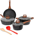 ESLITE LIFE Nonstick Cookware Sets 9 Pcs Granite Coating Pots and Pans Set Kitchen Cooking Set Compatible with All Stovetops (Gas Electric &amp Induction) PFOA Free Black