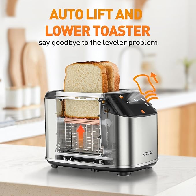Secura 2 Slice Toaster Fully Automatic Digital Stainless Steel Toaster with Countdown Timer &amp Keep Warm Function 6 Browning Levels Bagel/Defrost/Reheat/Single-Slice Modes Removable Crumb Tray