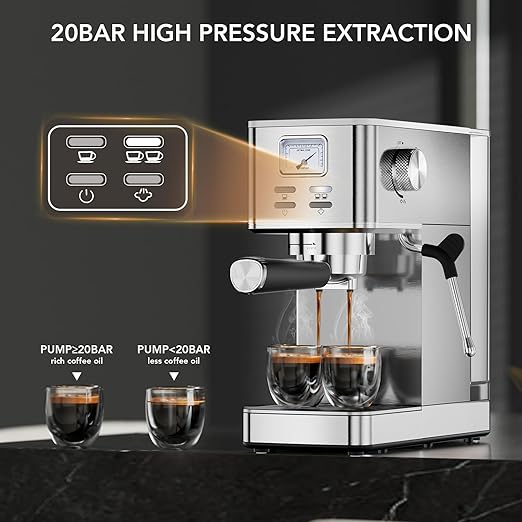 COWSAR Espresso Machine 20 Bar Compact Commercial Espresso Maker with Milk Frother Visual Pressure Gauge Coffee Machine with 47oz Removable Water Tank and Capsule Funnel for Cappuccino Latte