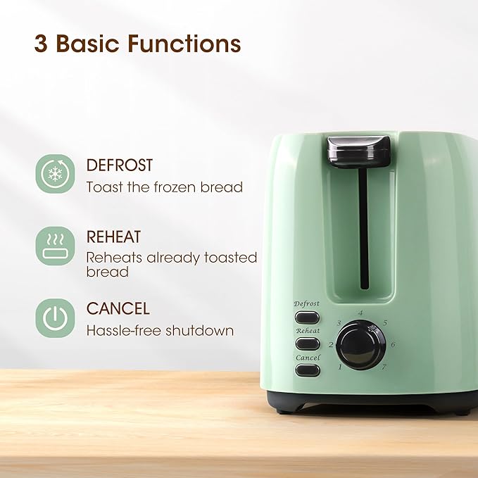 iSiLER 2 Slice Toaster 1.3 Inches Wide Slot Bagel Toaster with 7 Shade Settings and Double Side Baking Removable Crumb Tray Defrost Cancel Function Green