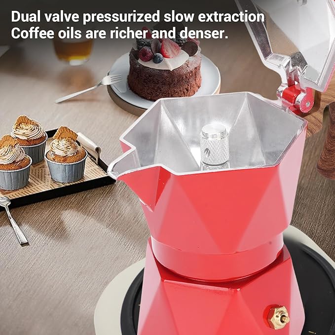 Yosoo Food Safe Anodized Aluminum Italian Coffee Maker with Dual Valve Design 2 Cup Stovetop Coffee Maker Pot for Cuban Cafe Brewing Home Camping (Red)
