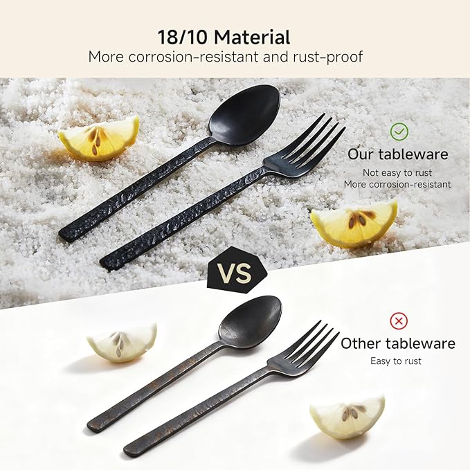 KINGSTONE 48 Pcs Black Hammered Silverware Set with Steak Knives for 8 18/10 Stainless Steel Heavy Duty Flatware Set Tableware Cutlery Utensil Sets for Home Restaurant Dishwasher Safe