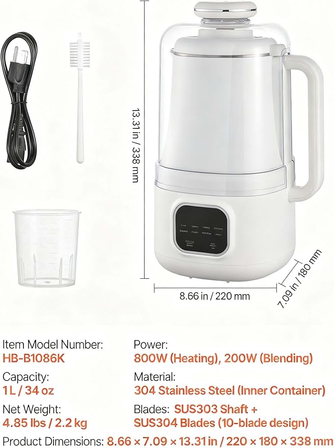 8-in-1 Nut Milk Maker 34oz Soy Milk Machine - Oat Almond Rice Milk Smoothie Juice Boil Water Self-Clean 12-Hour Delay Quiet Operation