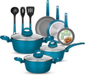 NutriChef 12-Piece Nonstick Kitchen Cookware Set - Easy to Clean Fireproof Lacquer - Saucepot Cooking Pots Fry Pans Utensils Tempered Glass Lids - Light Gray/Green Induction Ready