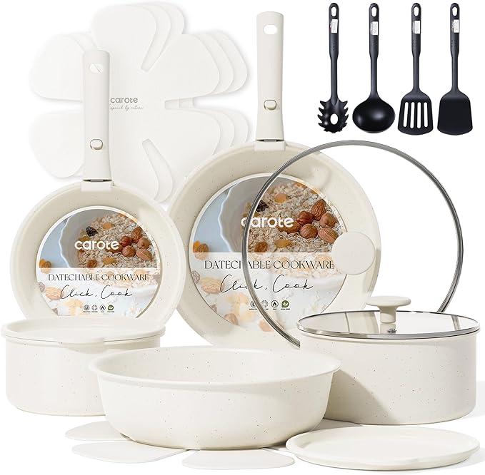 CAROTE 19pcs Pots and Pans Set Nonstick Cookware Set Detachable Handle Induction Kitchen Cookware Sets Non Stick with Removable Handle RV Cookware Set Oven Safe