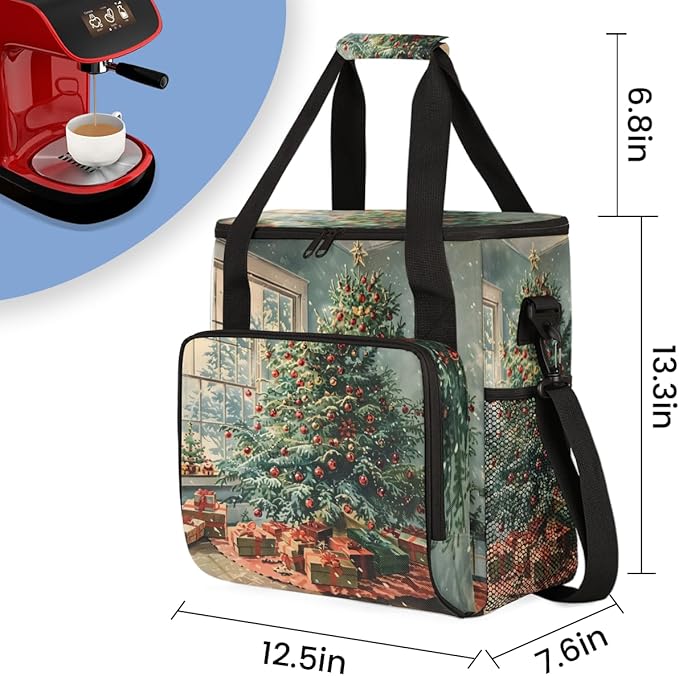 Retro Tree Coffee Maker Carrying Bag Christmas Festivals Travel Storage Bag Compatible with K-Mini or K-Mini Plus Single Serve Coffee Brewer Carrying Case with Multiple Pockets &amp Shoulder Strap